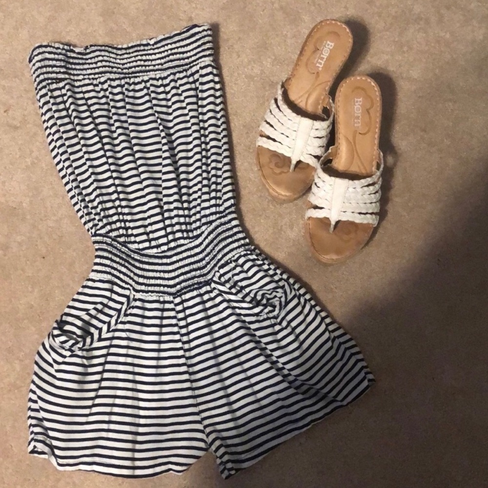 SOLD Blue and White Striped Romper with Pockets